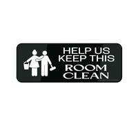 Cartello in plastica acrilica "Help Us Keep This Room Clean", 22,9 x 7,6 cm, con simboli, autoadesivo, per ristoranti, saloni, hotel, motel, stop di riposo, bagni pubblici