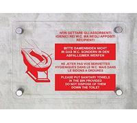 CARTELLO IN PLEXIGLASS SEGNALETICO - Non gettare gli assorbenti igienici nei WC ma negli appositi recipienti - Con Distanziali in acciaio inox e Stampa U.V. (15X21 cm)