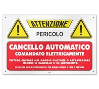 Cartello in PVC da 1 mm con 4 fori "Attenzione Cancello Automatico comandato elettricamente" (PVC)