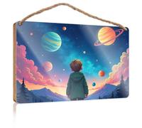 Cartello invernale per porta bambino che guarda i pianeti colorati nel cielo, in legno, idea regalo per la stanza (20 x 30 cm)
