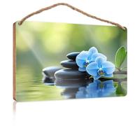 Cartello invernale per porta con orchidea blu e pietre nere nella natura, cartello in legno per stanza e regali estivi (23 x 35 cm)