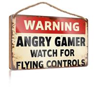 Cartello invernale per porta con scritta "Angry Gamer: Be Aware Of Flying Controls" in legno, decorazione per bar, casa colonica, bagno, 23 x 35 cm