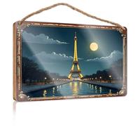 Cartello per fattoria con torre Eiffel al chiaro di luna piena riflessioni sull'acqua, cartello da appendere per esterni, decorazione vintage per la stanza (20 x 30 cm)