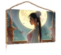 Cartello per la casa, per portico anteriore, luna piena e bellezza cinese tradizionale, in legno, decorazione per piscina e camper, per interni (23 x 35 cm)