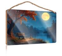 Cartello per la casa, per portico anteriore, luna piena sul lago sereno, in legno, decorazione per piscina e camper, per interni (20 x 30 cm)