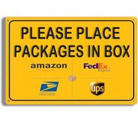 Cartello per la consegna dei pacchi, istruzioni per la consegna all'aperto, si prega di inserire i pacchi nella scatola, metallo giallo, porta d'ingresso, cortile, veranda, antiruggine, resistente a