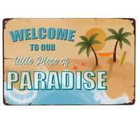 Cartello per patio per esterni, decorazione per la casa della piscina, divertente cartello in metallo con scritta "Welcome to our little piece of paradise", 30,5 x 20,3 cm