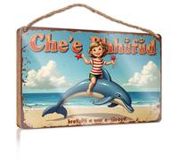 Cartello per porta dell'ufficio, divertente Chee Rhufud: un'avventura magica con delfini sulla spiaggia, cartello in legno per decorare la casa e la piscina (23 x 35 cm)