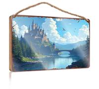 Cartello per porta d'ingresso, decorazione per la casa, divertente castello fantasy vicino al lago sereno con uccelli che volano sopra il bosco cartello decorativo per appartamento per camera da letto