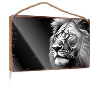 Cartello per porta d'ingresso esterno con volto maestoso di leone in legno bianco e nero da appendere alla porta, decorazione per piscina e decorazione per esterni (20 x 30 cm)