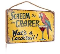 Cartello per portico con pappagallo che sorseggia un cocktail: una pubblicità bizzarra per bevande in legno, decorazione per camera da letto, divertente cartello da appendere alla porta (15 x 28 cm)