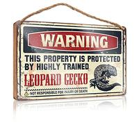 Cartello per portico con scritta in lingua inglese "Warning This Property Is Protected By A Highly Trained Leopard", geco, cartello in legno per la casa, divertente regalo per ufficio per colleghi (20