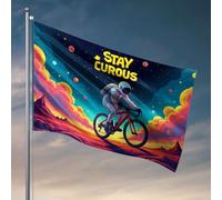 Cartello per stanza universitaria curioso astronauta in bicicletta attraverso paesaggi colorati bandiera decorazioni per la cucina roba fresca per ragazzi (152 x 244 cm)