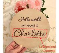 Cartello personalizzato per bambini, targa di legno personalizzata con nome di nascita "Hello World", elemento per foto gender reveal - memorabilia per nuovi genitori, realizzata in legno naturale, id