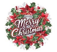 Cartello rotondo in alluminio piatto, cartello di Buon Natale con stella di Natale, fiore, ghirlanda di agrifoglio, decorazione artistica natalizia per casa, porta, ufficio, bar, regali per le feste,