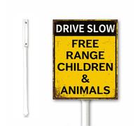 Cartello rustico con scritta "Caution Free Range Children & Animals, Drive Slowly", targa in metallo lento per esterni, divertente cartello con animali domestici, cartello di sicurezza stradale con