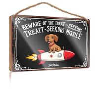 Cartello rustico in legno con cane su razzo: attenzione al missile, in cerca di trattamento, regalo per lavoro, amici, camper, decorazioni per Insi (15 x 28 cm)