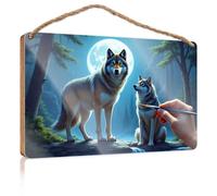 Cartello rustico in legno dipinto lupi sotto la luna cartello in legno decorazione portico esterno in legno segno di benvenuto (23 x 35 cm)