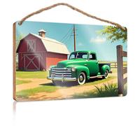 Cartello rustico in legno vintage verde con camioncino davanti al fienile rosso, divertente cartello artistico per bagno dispensa in legno per cucina (15 x 28 cm)