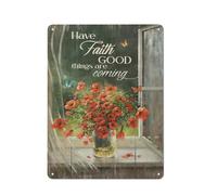 Cartello rustico in metallo con dipinto di papaveri rossi, giorno di pioggia, finestra vintage, abbi fede, le cose belle stanno arrivando, stampe di ritratti di Gesù, arte murale cristiana 12x16 po