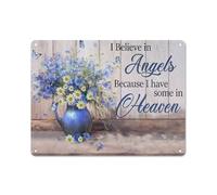 Cartello rustico in metallo con disegno di margherita, fiorellino blu, credo negli angeli perché ne ho alcuni in paradiso, stampe di paesaggi paradisiaci, decorazione da parete 12x16 pollici