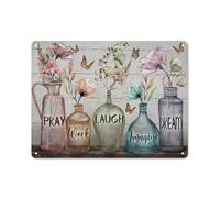 Cartello rustico in metallo con elegante fiore, bottiglia di vetro, farfalla monarca, prega, lavora, ridi, immagina, sogna Gesù, stampe di paesaggi, arte murale cristiana per la casa, la cucina, il