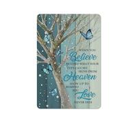 Cartello rustico in metallo con farfalla blu, amore, fede, l'amore non muore mai, stampe di ritratti del paradiso, novità artistica da parete per la casa, la cucina, il salotto, 8x12 pollici