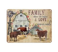 Cartello rustico in metallo con mucca in stile country con scritta "Family Where Life Begins And Love Never Ends", cartello in alluminio con bestiame peloso, 30,5 x 40,6 cm, resistente allo