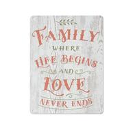 Cartello rustico in metallo con scritta "Famiglia dove la vita inizia e l'amore non finisce mai", cartello rustico da parete per soggiorno, camera da letto, bagno, ufficio, decorazione da parete, 1