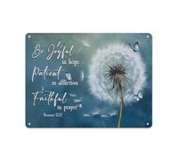 Cartello rustico in metallo con scritta "Sii gioioso nella speranza, Romani 12 12", tarassaco e farfalla, decorazione murale in stile fattoria per casa, giardino, soggiorno, camera da letto, verand