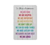 Cartello rustico in metallo con stampa in questa aula, cartello con le regole della classe, dipinti, arte murale, poster "Siamo gentili", opera d'arte, decorazione per la sala giochi della classe,