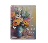 Cartello rustico in metallo, decorazione da parete cristiana, poster con scritta "Fede, Speranza, Amore, Farfalla, Vaso con fiori", per casa, soggiorno, camera da letto, ufficio, 12x16 pollici