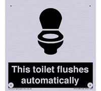 Cartello "S85, con scritta in lingua inglese "This toilet flushes automatically sign", 85 x 85 mm