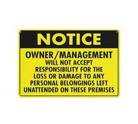 Cartello segnaletico in alluminio riflettente con scritta "Owner Management Will Not Accept Responsibility", 30,5 x 20,3 cm, resistente ai raggi UV, impermeabile, resistente alle intemperie e allo