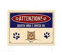 CARTELLO SEGNALETICO PERSONALIZZATO - Attenzione! Questa area è difesa da Gatto - Adesivo Extra Resistente, Pannello in Forex, Pannello In Alluminio (Plastica, 20x31 cm)