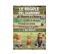 CARTELLO SEGNALETICO PERSONALIZZATO - Le regole di un giardino con Gatto - Adesivo Extra Resistente, Pannello in Forex, Pannello In Alluminio (Adesivo, 30x42 cm)