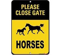 Cartello stradale di avvertimento con scritta in lingua inglese "Please Close Gate Horses Activity", in metallo, decorazione artistica da parete, segnale di avvertimento di sicurezza, per interni ed