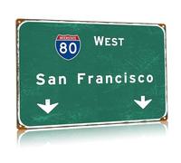 Cartello stradale vintage San Francisco Interstate 80, cartello in metallo con autostrada aeroporto ovest, cartello direzionale per ristorante, casa, soggiorno, bar, decorazione da parete, 30,5 x 45,7