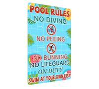 Cartello Summer Pool Rules, decorazione da parete con regole di sicurezza, con scritta "No Lifeguard On Dute", "No Diving No Peeing", decorazione da parete per esterni, 20 x 30 cm