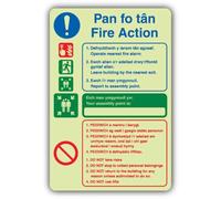 Cartello "V Safety Fire Action - Your Assembly Point Is - 200 x 300 mm | Segnaletica antincendio fosforescente, in plastica rigida, con tripla luce, in gallese/inglese, prodotta in Gran Bretagna