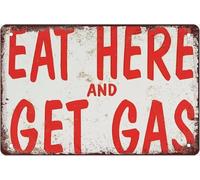 Cartello vintage in latta "Mangia qui e prendi benzina", per la casa, il soggiorno, la camera da letto, il negozio di articoli da regalo, divertente decorazione da parete per garage, decorazione da p