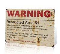 Cartello vintage in metallo con scritta "Warning Restricted Area 51", decorazione da parete per casa, ufficio, camera da letto, soggiorno, sala da pranzo, cucina, bagno