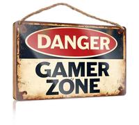 Cartello vintage per il bagno in legno con scritta in lingua inglese "Warning: Enter The Gamer Zone!" (lingua italiana non garantita)