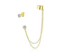 Cartilagine Geometrica Plain Band Con Catena Ear Warp Cuff Cz Stud Ear Lobe Earring Per Le Donne Adolescenti Uomini Placcato Oro Giallo .925 Sterling Silver