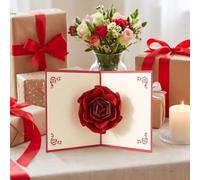 Cartolina d'auguri 3D pop-up con rose rosse e carta perlescente | La copertina rossa pieghevole rivela una rosa rossa traforata multistrato dalla piega, rosa e vite in lamina d'oro