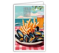 Cartolina Moules Frites Birère Party Restaurant Brasserie de la Plage mer Gastronomie Française Belgque - Con Busta Bianca 12 x 17 cm - Made in France - Illustration mini poster poster