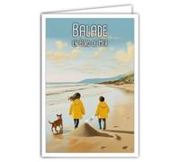 Cartolina per passeggiate sul mare, spiaggia, cerate gialle per bambini, cane, castello di sabbia, dune, costa francese o belga, con busta bianca, 12 x 17 cm, prodotto in Francia, illustrazione mini