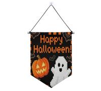 Cartone animato arancione Halloween Pixel banner gancio per parete con asta telescopica gagliardetti banner bandiere decorazioni da cortile all'aperto per ufficio, scuola, aula, dormitorio, casa