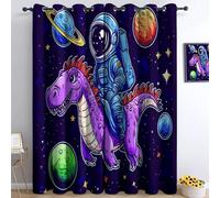 Cartone Animato Astronauta Dinosauro Tende Oscuranti Interni Isolanti Termiche con Anelli Tenda Finestra per Camera da Letto e Soggiorno Tende per Salotto 2 Pezzi, 140 x 160 cm, Blu Scuro