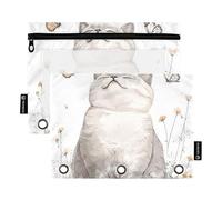 Cartone animato British Shorthair Cats bianco 3 anelli raccoglitore astuccio matita astuccio con cerniera Set di 2 trousse di plastica per il trucco cancelleria forniture